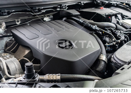 modern car engine under hood close up detail modern car engine under hood close up detail 107265733
