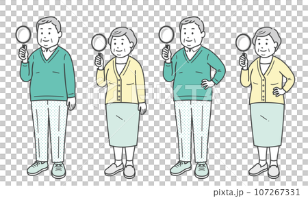 拿著放大鏡的老年超重男人和女人 拿著放大鏡的老年超重男人和女人 107267331