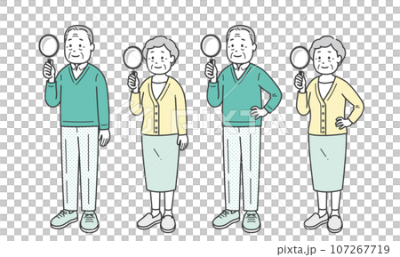 虫眼鏡を持つ高齢者男女 斜め 107267719