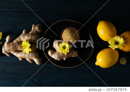 Seasoning and spices concept - ginger, homemade seasoning 107267974