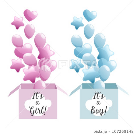 Blue and pink boxes for gender reveal party with boy and girl texts and air balloons isolated 107268148