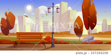 Autumn city park with bench, lantern and trees Autumn city park with bench, lantern and trees 107268206