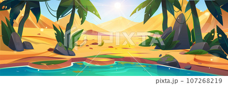 Desert landscape with lake and palm trees in oasis Desert landscape with lake and palm trees in oasis 107268219