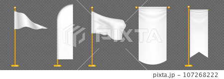 Set of white silk flags on golden poles Set of white silk flags on golden poles 107268222
