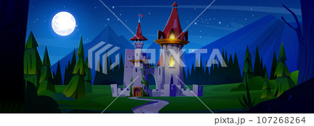 Night medieval castle against mountain landscape 107268264