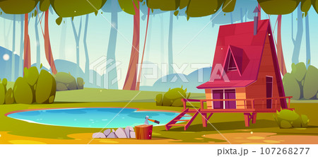 Hut on stilt near pond nature game background Hut on stilt near pond nature game background 107268277