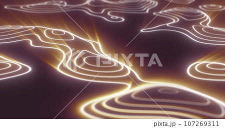 Abstract yellow futuristic hi-tech landscape with mountains and canyons from glowing energy circles and magic lines background Abstract yellow futuristic hi-tech landscape with mountains and canyons from glowing energy circles and magic lines background 107269311
