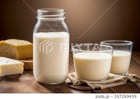 コップに入った乳製品がテーブルに置いてある画像 AI画像 107269439