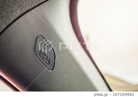 Safety side curtain airbag sign in new modern car 107269902