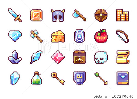 Pixel Art Game Elements Collection. 8bit Video Games Icons . Pixelated Weapons, Armor, and Assets - Sword, Scroll, Axe, Hammer, Skull, Helmet, Shield, Gems, Potion, and More Classic 90s Game Items. 107270040