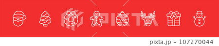 Christmas and New Year Line Art Vector Icons Set of Christmas Decorations. Santa, Tree, Wreath, Reindeer, Snowman, and Festive Decorations for Web and Print Design. 107270044