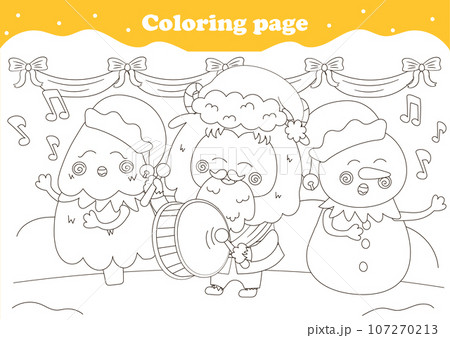 Cute coloring page with kawaii Christmas characters singing carols and playing drum Cute coloring page with kawaii Christmas characters singing carols and playing drum 107270213