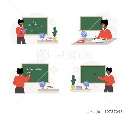 African female teachers in classroom set. Different women characters at lecture at chalkboard. School and college concept. Vector illustration in flat cartoon style African female teachers in classroom set. Different women characters at lecture at chalkboard. School and college concept. Vector illustration in flat cartoon style 107270484