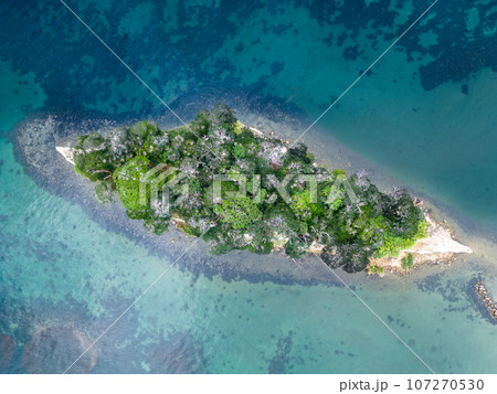 「石川県」能登の観光名所　見附島（別名軍艦島）を上空から撮影 107270530