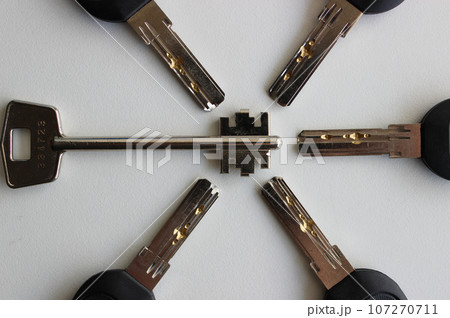 Metal Keys With Same Type Of Blade Around Old Safe Key Closeup Photo  107270711