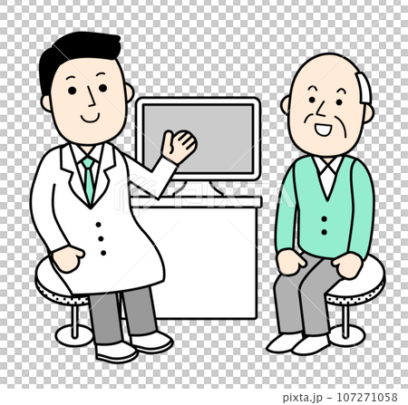 Character illustration: An old man receiving a medical examination Character illustration: An old man receiving a medical examination 107271058