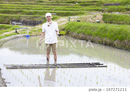 田植えをする若い男性 田植えをする若い男性 107271211