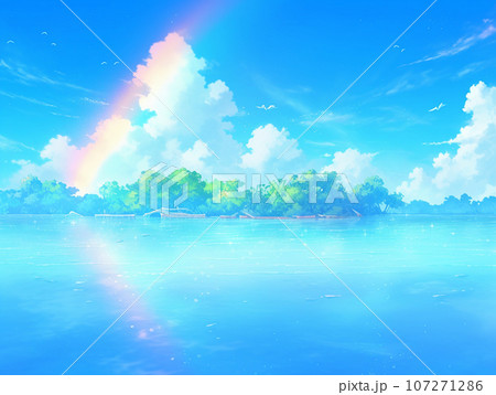 水面に映る島と空 107271286