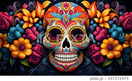 A colorful and vibrant banner celebrating Dia de los Muertos (Day of the Dead) with sugar skulls, marigold flowers, and intricate face paint designs. Generative AI 107272473