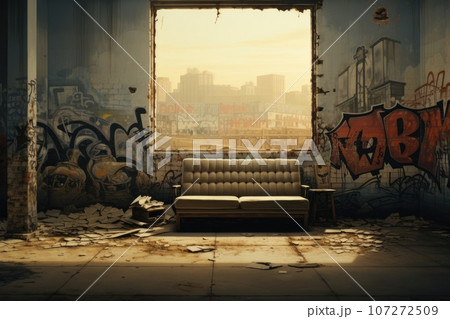 A powerful image featuring an empty room in an urban environment, with graffiti-adorned walls and an air of desolation that captures the raw essence of city life. Generative AI 107272509