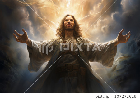 Abstract paint of Jesus Christ's figure rising from the tomb, surrounded by luminous clouds, as beam gently guide Him towards the heavens with outstretched arms. Abstract paint of Jesus Christ's figure rising from the tomb, surrounded by luminous clouds, as beam gently guide Him towards the heavens with outstretched arms. 107272619