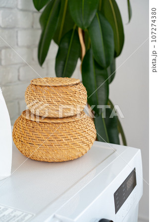 Modern white washing machine close up photo 107274380