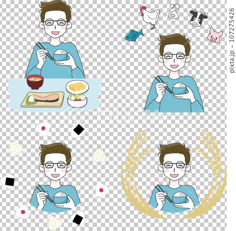 Illustration set of a man eating delicious food Illustration set of a man eating delicious food 107275426