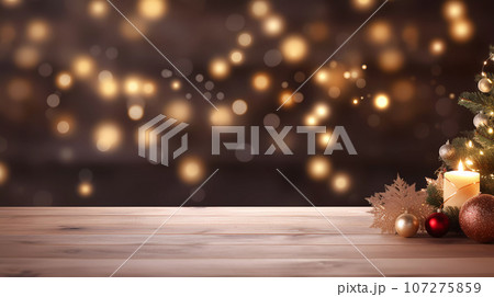 Table Top with Blurred Cosy Christmas Home Interior Background 107275859
