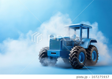 Blue background with toy tractor and copy space. It's a boy backdrop with empty space for text. Baby shower or birthday invitation, party. Baby boy birth announcement. Men's Day. Generative AI. 107275937