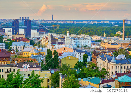 Top view of the old ancient district of the city. Kyiv, Podol district Top view of the old ancient district of the city. Kyiv, Podol district 107276118