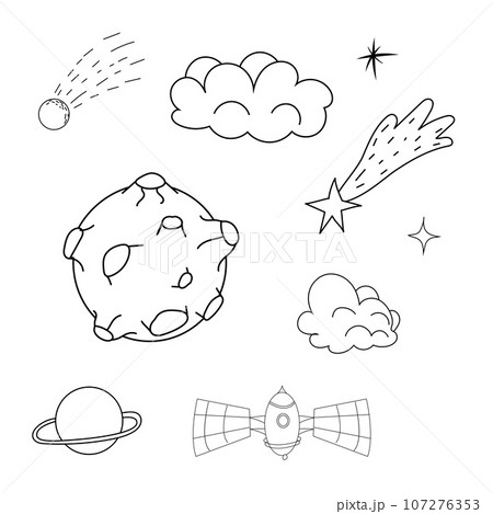 Set planets space elements, stars, meteorite in doodle style. Galaxy icons, simple design 107276353