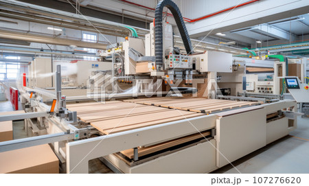 Workshop for the production of particle boards, manufacture of chipboard, veneer, plywood, wood panels. Wood processing. Woodworking industry concept Workshop for the production of particle boards, manufacture of chipboard, veneer, plywood, wood panels. Wood processing. Woodworking industry concept 107276620