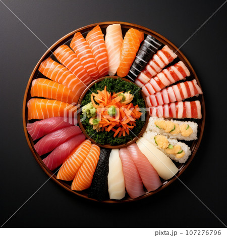 Assorted sushi nigiri and maki big set on slate. variety of Japanese sushi with tuna, crab, salmon, eel and rolls. Top view Assorted sushi nigiri and maki big set on slate. variety of Japanese sushi with tuna, crab, salmon, eel and rolls. Top view 107276796
