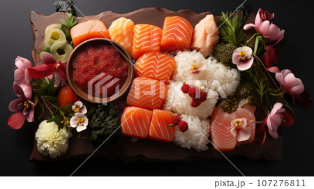 Japanese cuisine. Sushi set on wooden plate over dark stone background. Japanese cuisine. Sushi set on wooden plate over dark stone background. 107276811