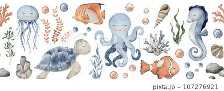 Underwater Animals seamless border. Cute undersea endless line with octopus, seahorse, jellyfish, turtle, clownfish, shells, algae, corals and bubbles. Hand drawn watercolor illustration of sea Fish 107276921
