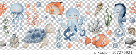 Underwater Animals seamless border. Cute undersea endless line with octopus, seahorse, jellyfish, turtle, clownfish, shells, algae, corals and bubbles. Hand drawn watercolor illustration of sea Fish 107276921