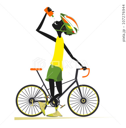 Cycling. Bicycle. Young African man drinking water.  Cartoon smiling African man in helmet standing near the bike and drinking water. Isolated on white background 107276944
