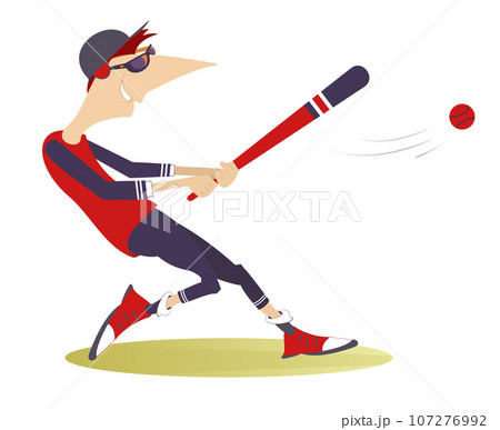 Baseball batter hitting pitch. Cartoon baseball hitter swinging at a fast pitch. Isolated on white background Baseball batter hitting pitch. Cartoon baseball hitter swinging at a fast pitch. Isolated on white background 107276992