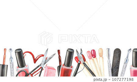 Blank business card for a beauty salon. Watercolor illustration. Hand-drawn and isolated on white background. Rectangular frame with space for text.Manicure supplies: nail polish, scissors, nail file Blank business card for a beauty salon. Watercolor illustration. Hand-drawn and isolated on white background. Rectangular frame with space for text.Manicure supplies: nail polish, scissors, nail file 107277198