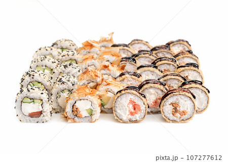 Assorted Japanese sushi roll set. sushi rolls set close up selective focus. 107277612