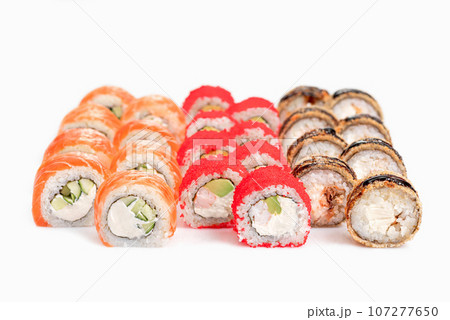 Assorted Japanese sushi roll set. sushi rolls set close up selective focus. 107277650