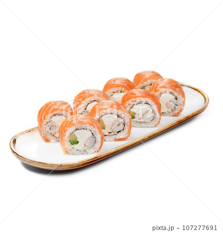 Philly Roll Sushi white Rice, nori, cheese, avocado, shrimp, salmon Philly Roll Sushi white Rice, nori, cheese, avocado, shrimp, salmon 107277691