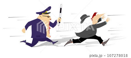 Angry police officer running after man.  Male police officer with handcuffs and baton trying to catch up a man 107278018