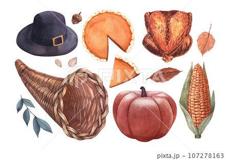 Watercolor set for thanksgiving day: falling leaves, pumpkins, sweater, hat, candles and other. Hand-drawn illustration isolated on white background. Perfect for menu, cooking, packing, card 107278163