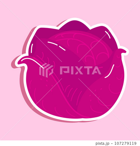 Cute funny red cabbage sticker character. Vector hand drawn cartoon kawaii character illustration icon. Isolated on pink background. Red cabbage character concept 107279119