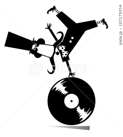 Cartoon man with long play record concept.  Funny long mustache person in the top hat balances legs up on vinyl record. Black on white background 107279354