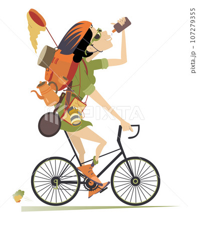Cycling traveler woman illustration.  Cycling tourist woman with tourist equipment on the back drinks water. Isolated on white background 107279355