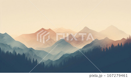 Aerial view of mountains with trees and storms in the background, in the style of romanticism vintage photo. Dull misty day hills landscape 107279461