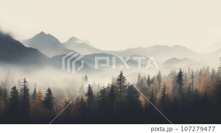 Aerial view of mountains with trees and storms in the background, in the style of romanticism vintage photo. Dull misty day hills landscape 107279477
