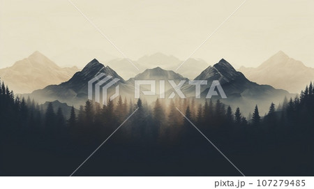 Aerial view of mountains with trees and storms in the background, in the style of romanticism vintage photo. Dull misty day hills landscape Aerial view of mountains with trees and storms in the background, in the style of romanticism vintage photo. Dull misty day hills landscape 107279485